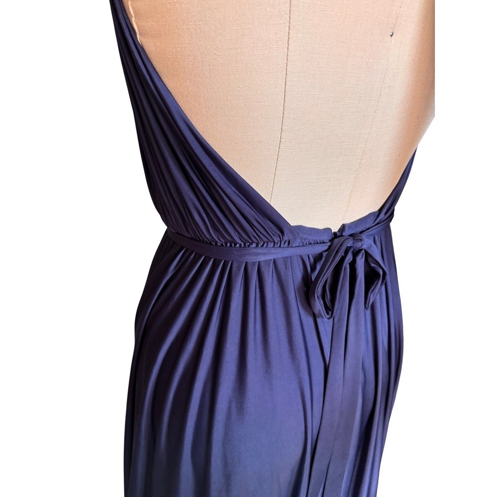 Nicole Bakti Navy Halter Maxi Dress Open Back Gold Belt Formal Gown - Picture 8 of 12